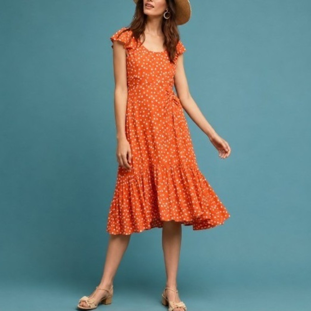 Maeve Anthropologie Orange Gathered Floral Flutter Cottage Prairie Dress 12P